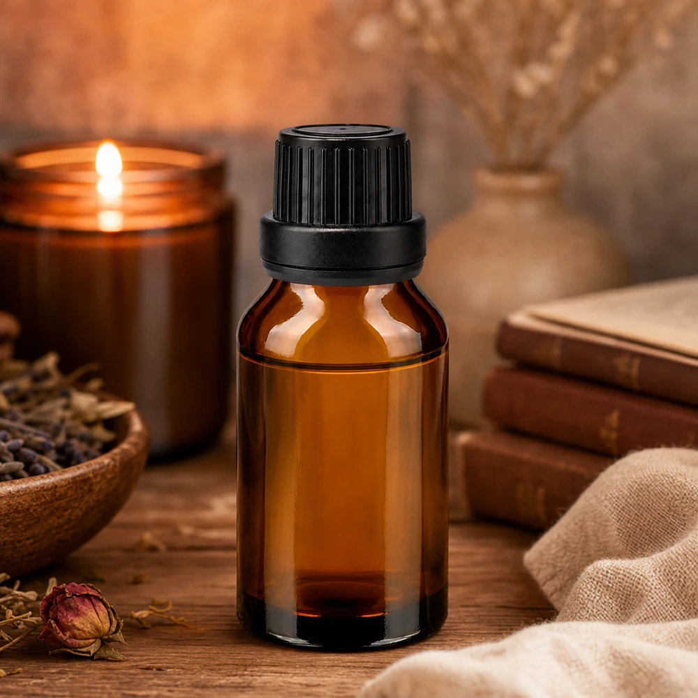 Flacon en verre ambré avec protection UV, 15 ml, muni d'un bouchon d'origine noir, pour les cosmétiques naturels et les essences