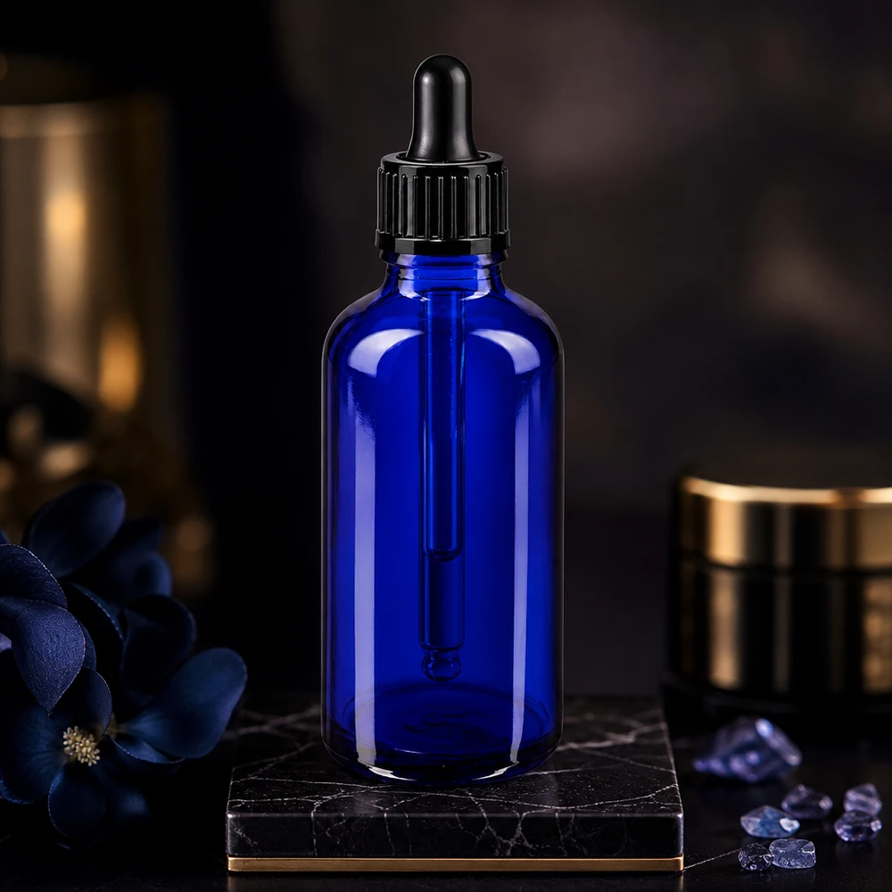 Flacon en verre bleu cobalt de 50 ml, muni d'un bec verseur précis de 1 mm et d'une pipette en caoutchouc noire