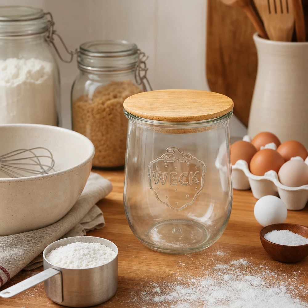 1062ml bocal tulipe WECK RR100 avec couvercle en bois WECK Pot tulipe RR100 1062ml vide avec couvercle en bois dans la cuisine rustique entre les ingrédients de cuisson les œufs la farine les ustensiles