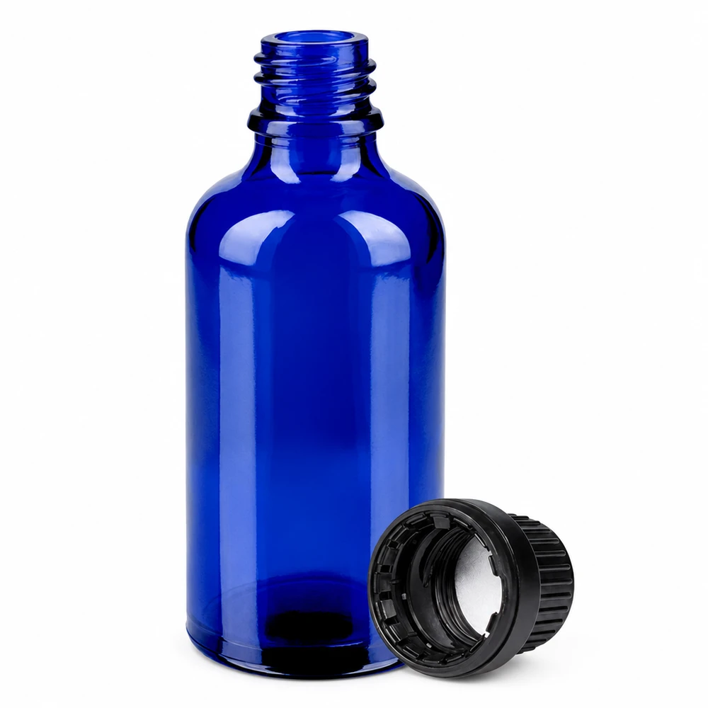 Flacon 50ml 11mm SV noir OV BlueLine UT18/50 Flacon en verre violet 50ml série BlueLine avec bouchon vissant noir pour protection UV