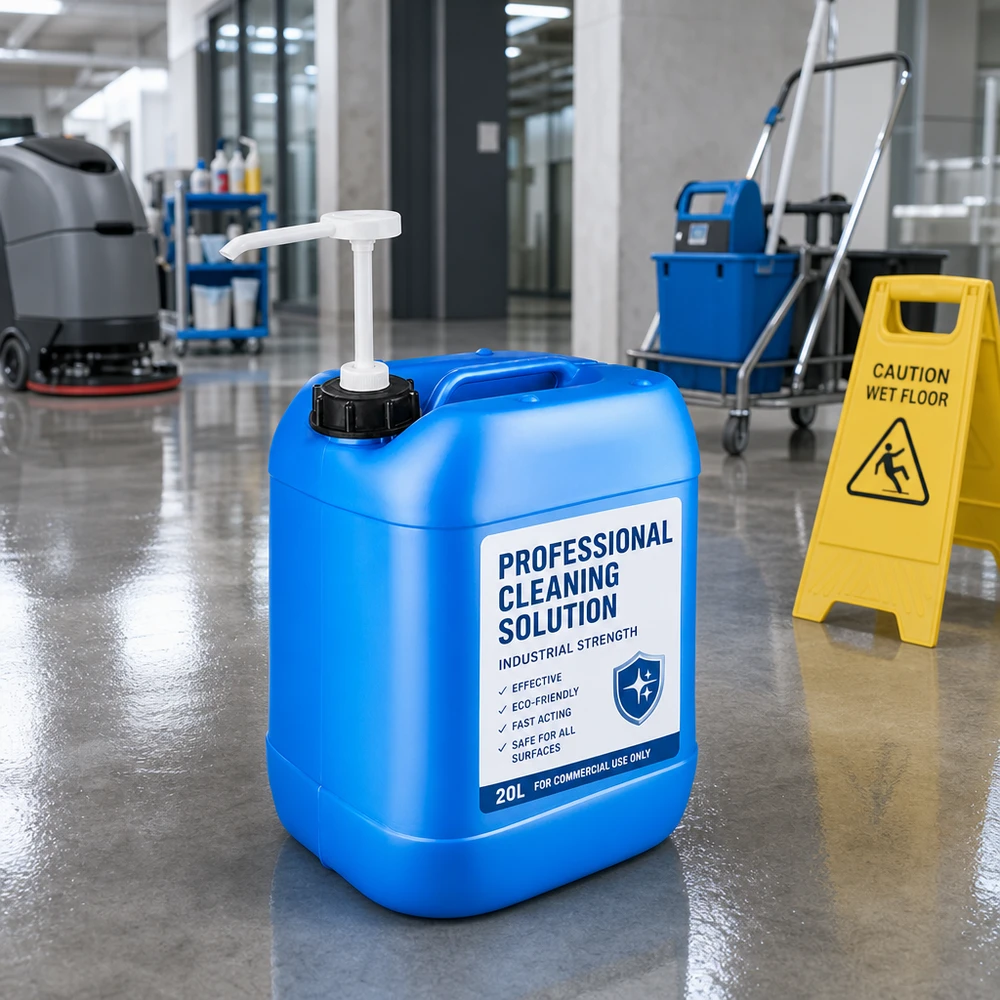 Bidon de produit nettoyant à usage professionnel de 20 L avec pompe, destiné au secteur du nettoyage professionnel