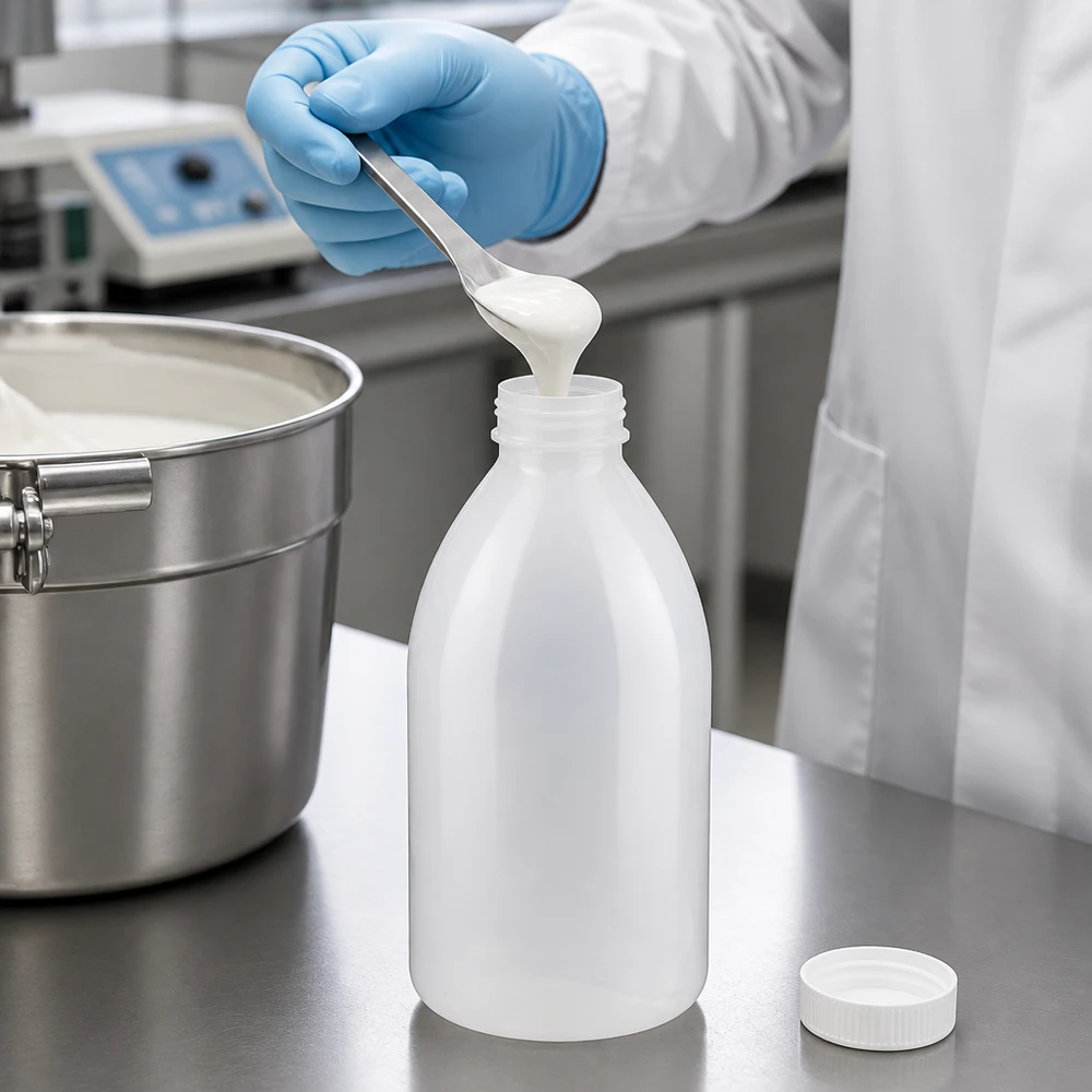 Flacon 1000 ml à col étroit, avec bouchon Schutzhandschuh hält Spatel über geöffnete 1000ml Enghals Flasche mit Schraubverschluss