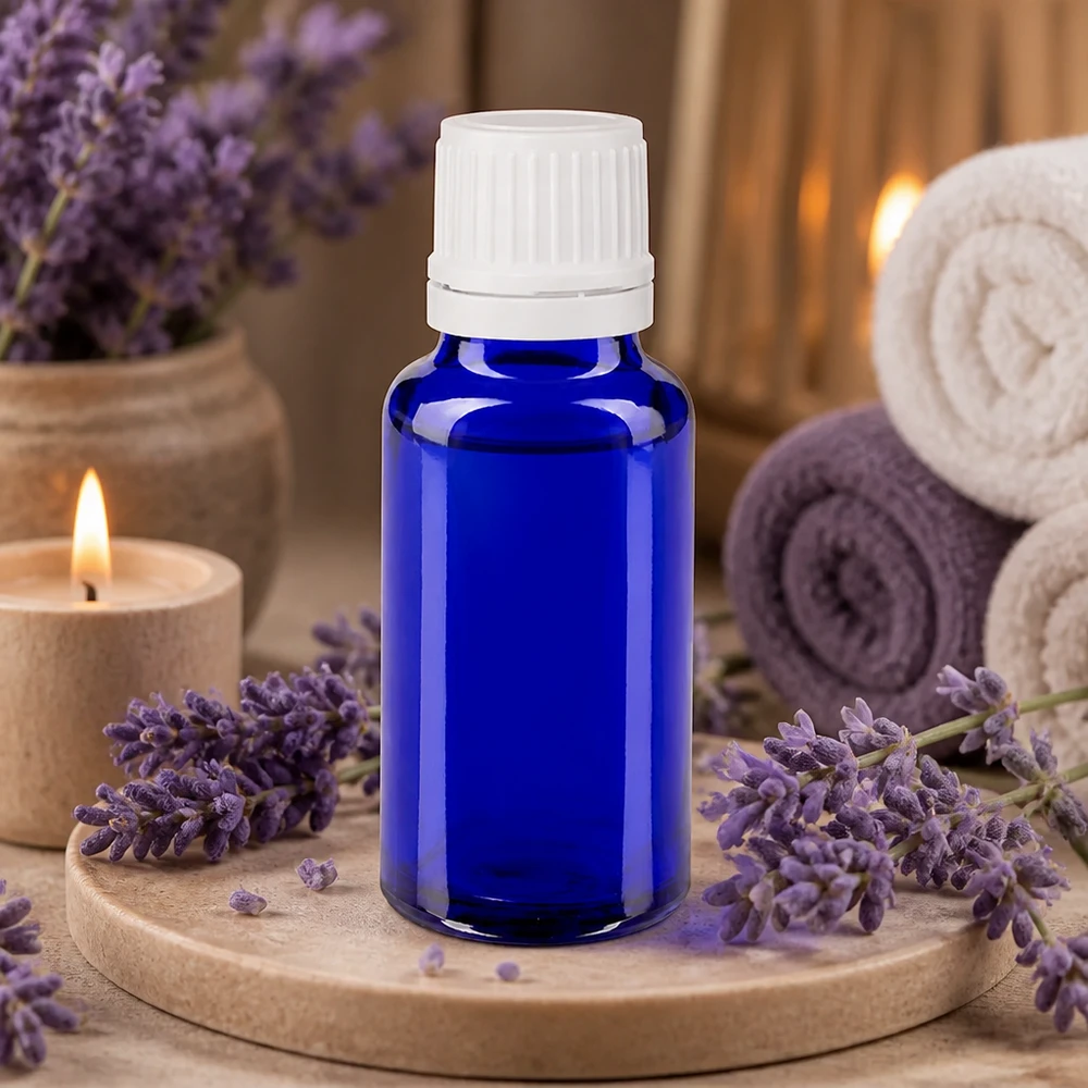 Flacon à pharmacie bleu 20ml bouchon à vis blanc bouchon d'originalité Petit flacon de pharmacie bleu de 20 ml avec bouchon d'inviolabilité, destiné aux huiles essentielles et à l'aromathérapie