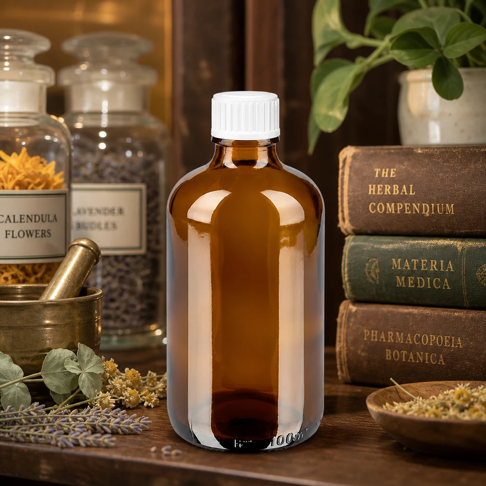 Flacon de pharmacie brun 100ml bouchon vissable blanc Std Flacon en verre ambré de 100 ml, SV STD 11 mm, entre les livres sur le calendula, la lavande et la pharmacopée