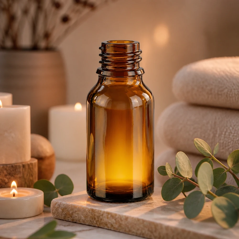Flacon compte-gouttes pour pharmacie 30 ml DIN18 - verre brun 30ml brun ApoGlas Bouteille de pharmacie forme haute Wellness Setting avec des bougies de branches d'eucalyptus Collection de pierres