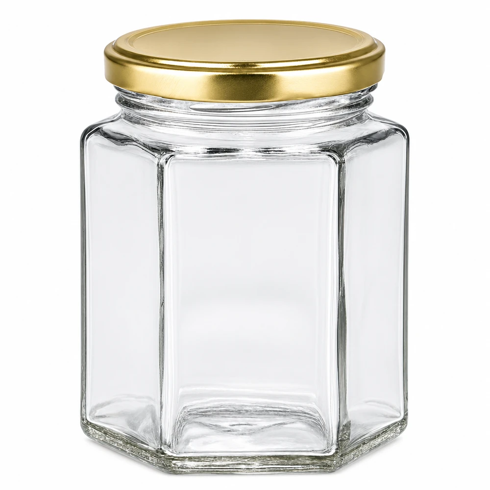 Pot à miel hexagonal de 250g avec couvercle doré BasicSeal vide transparent pour la conservation du miel et de la confiture