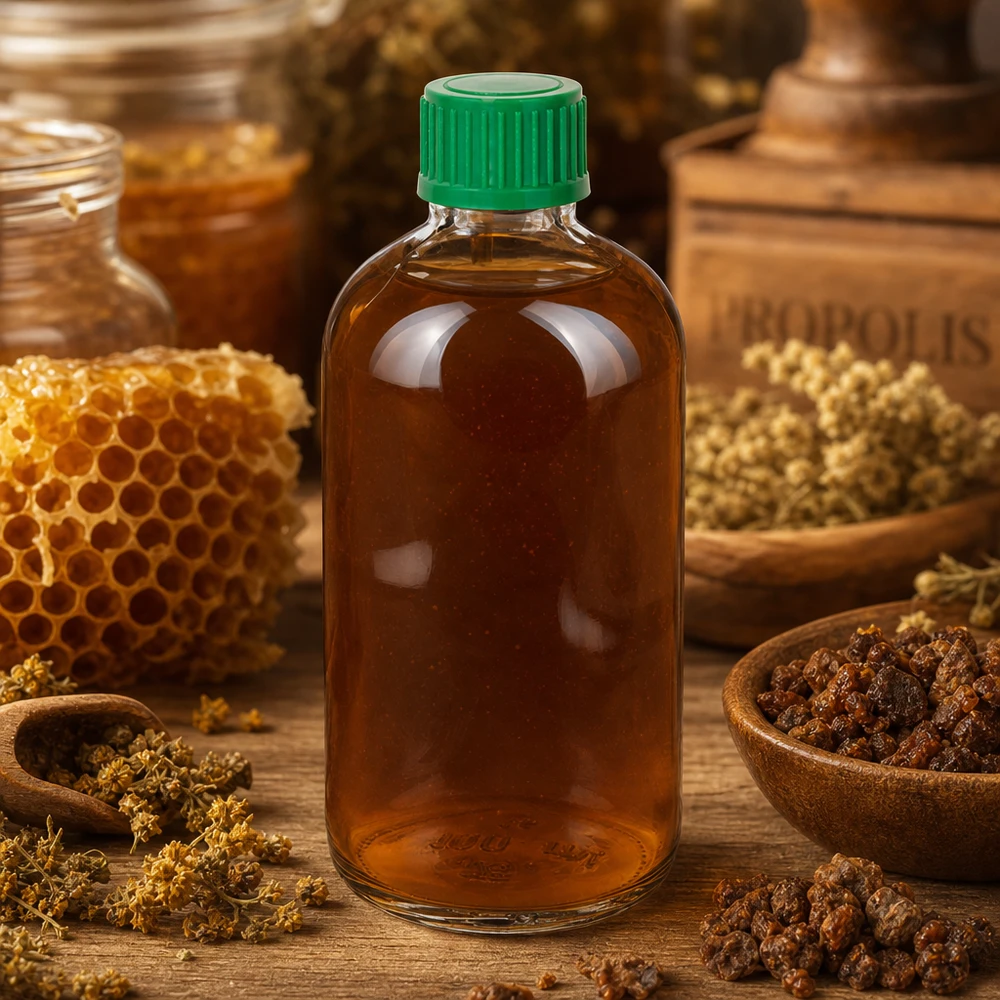 Flacon compte-gouttes ClearLine de 100 ml rempli d'extrait de propolis, avec des rayons de miel en arrière-plan