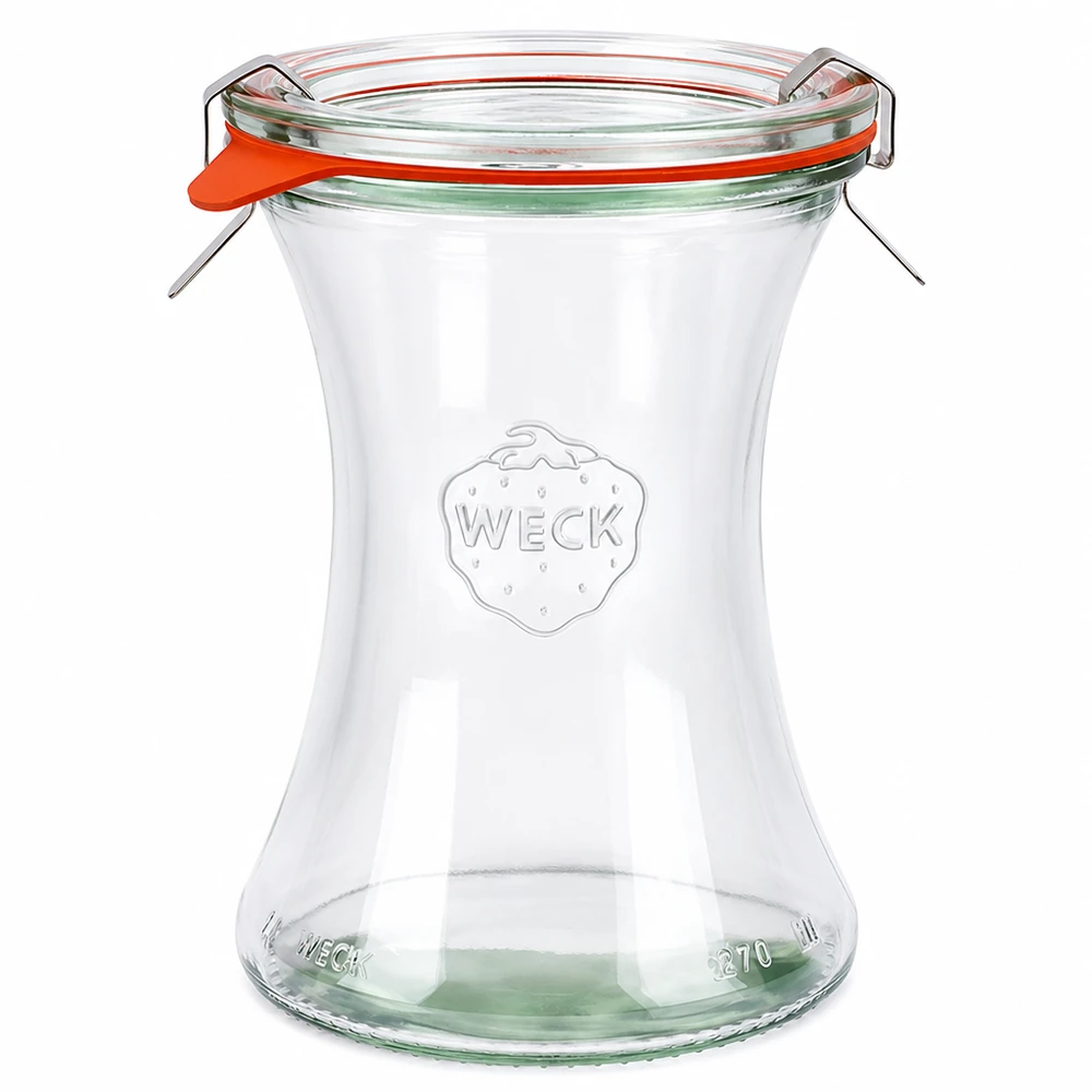 WECK Pot à délicatesse 370ml RR80 avec couvercle en verre Anneau en caoutchouc et pinces set complet pour la mise en conserve