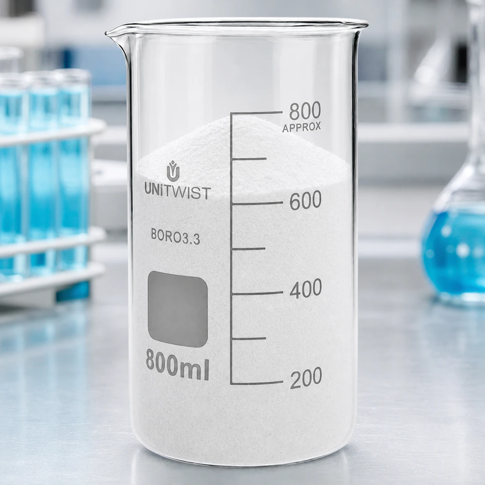 Bécher 800ml borosilicate, forme haute UNITWIST Verre doseur UNITWIST de 800 ml, forme haute, avec poudre et graduation jusqu'à 800 ml, en borosilicate