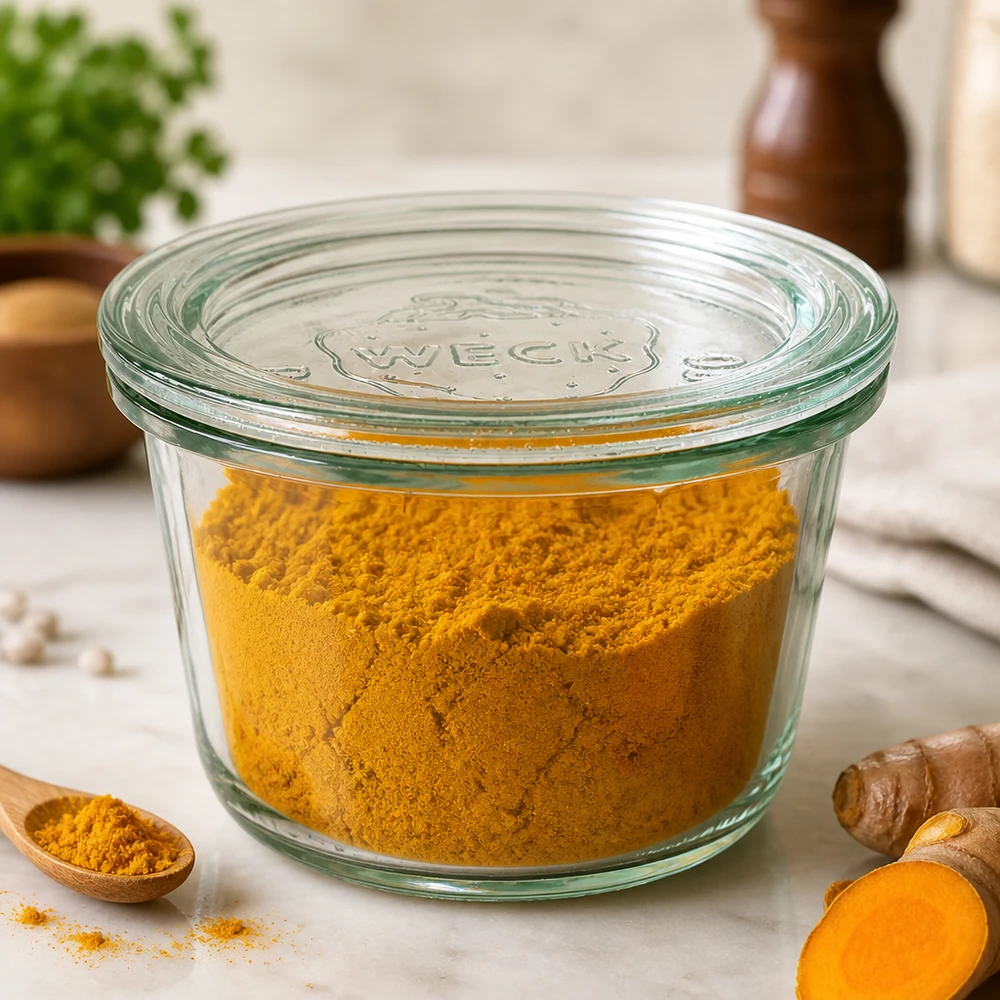 WECK Pot à kouglof RR80 165ml rempli de poudre de curcuma à côté de racines de curcuma fraîches comme conservation d'épices