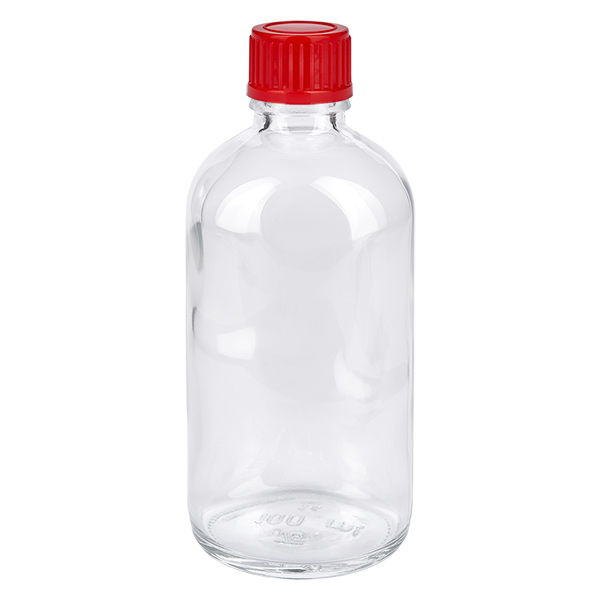 Flacon 100ml 11mm SV rouge STD ClearLine UT18/100 Flacon en verre transparent de 100 ml avec bouchon à vis rouge, 11 mm, flacon médical ClearLine UT18/100