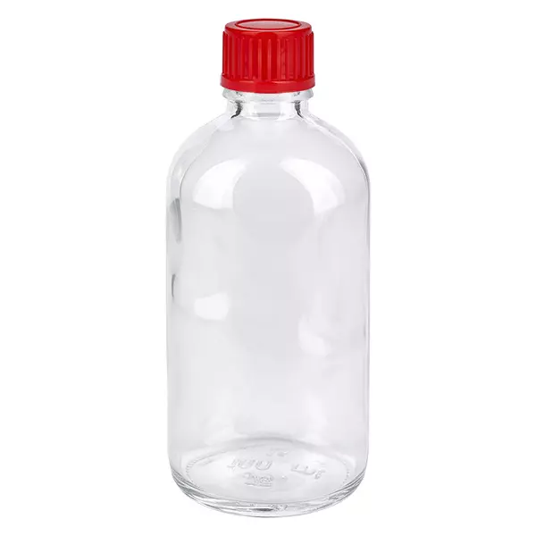 Flacon 100ml 11mm SV rouge STD ClearLine UT18/100 Flacon en verre transparent de 100 ml avec bouchon à vis rouge, 11 mm, flacon médical ClearLine UT18/100