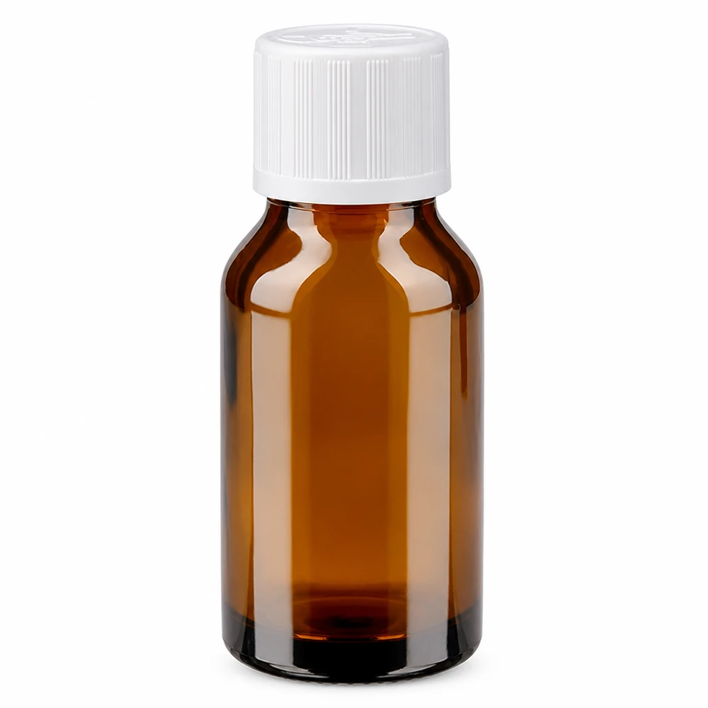 Flacon en verre brun 15ml avec bouchon à vis blanc sécurité enfant St Flacon de médicament de 15 ml, de couleur marron, muni d'un bouchon à vis blanc et d'une sécurité enfant