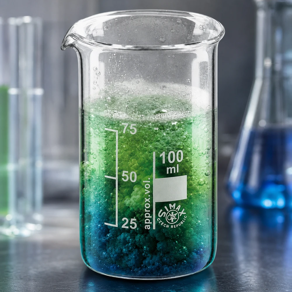 Bécher 100ml en verre borosilicate résistant à la chaleur (forme haute) Bécher haut de 100 ml contenant un liquide bouillonnant, à côté d'un flacon d'Erlenmeyer et de tubes à essai