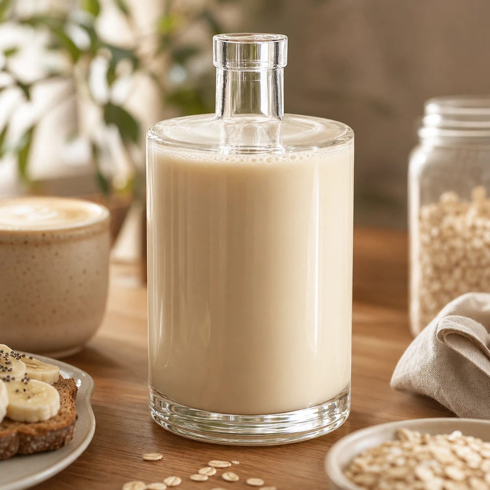 Bouteille en verre 700 ml « Marie » sans bouchon UNiTWIST® Bouteille de verre Marie de 700 ml remplie de lait d'avoine sur une table en bois à côté d'un bol à céréales et de flocons d'avoine dans la cuisine