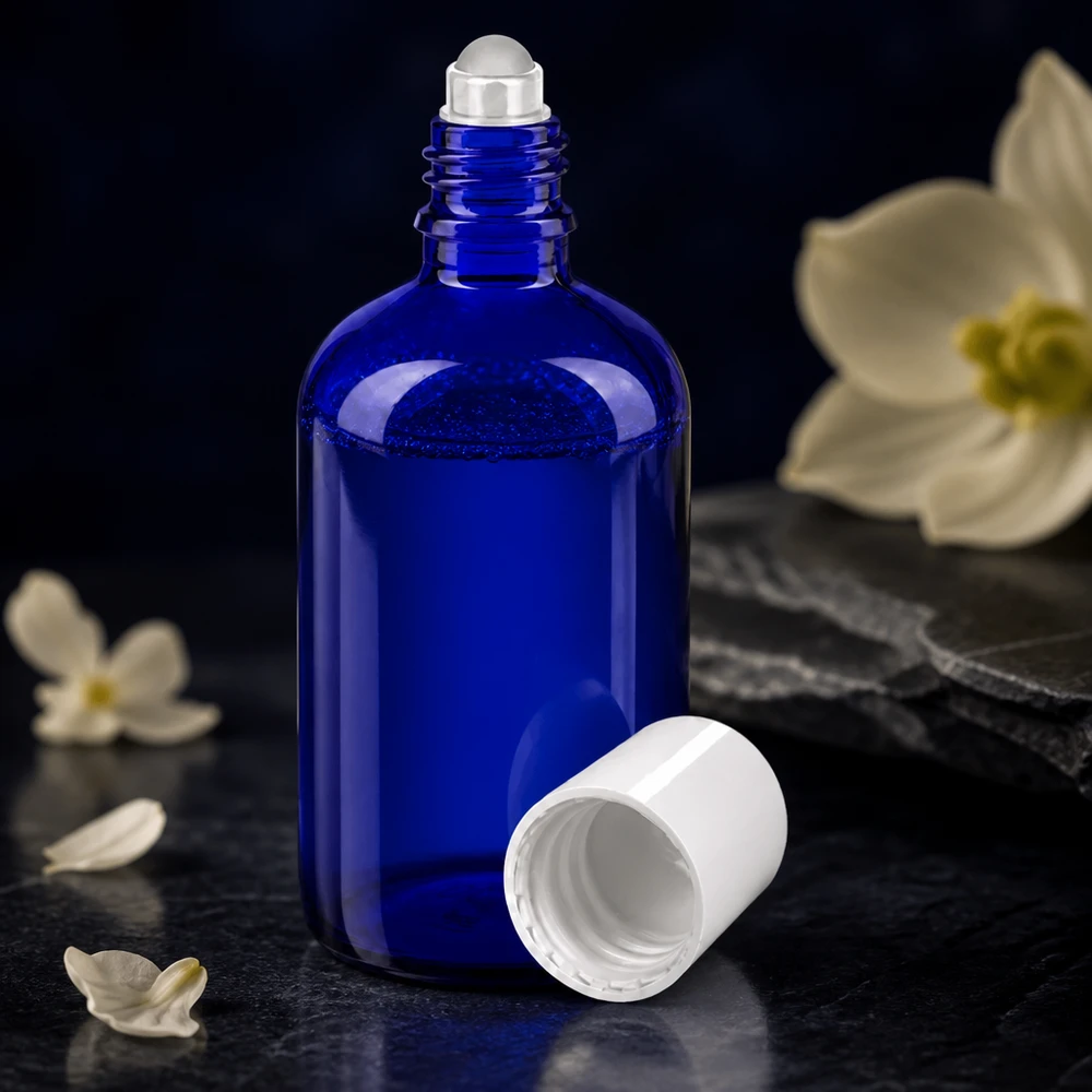 Flacon en verre bleu de 100 ml avec une bille roulante transparente et un bouchon blanc, à côté de fleurs blanches
