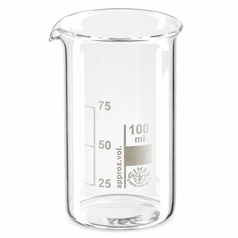 Bécher 100ml en verre borosilicate résistant à la chaleur (forme haute) Bécher de laboratoire de forme haute, 100 ml, en verre borosilicaté résistant à la chaleur, avec bec verseur