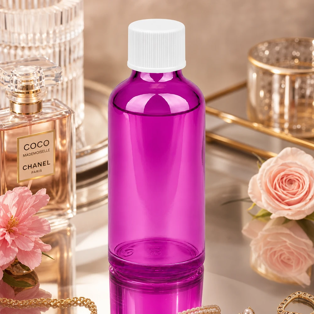 Flacon pratique en verre violet de 50ml avec filetage UT18 parfait pour les applications mobiles