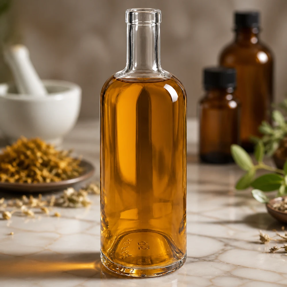 Flacon en verre 750 ml « Emma » sans bouchon UNiTWIST® 750ml Glasflasche Emma mit goldbraunem Inhalt in apotheker-ähnlicher Umgebung mit Kräutern und Mörser dekoriert