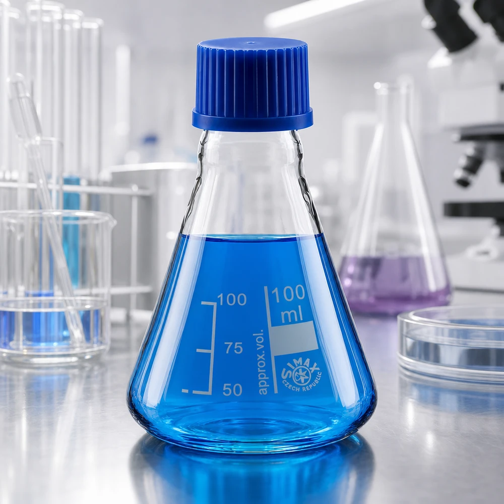 Erlenmeyer 100 ml col étroit, verre borosilicate avec filetage et bouchon Erlenmeyer 100ml transparent avec bouchon bleu pour une mesure précise du volume