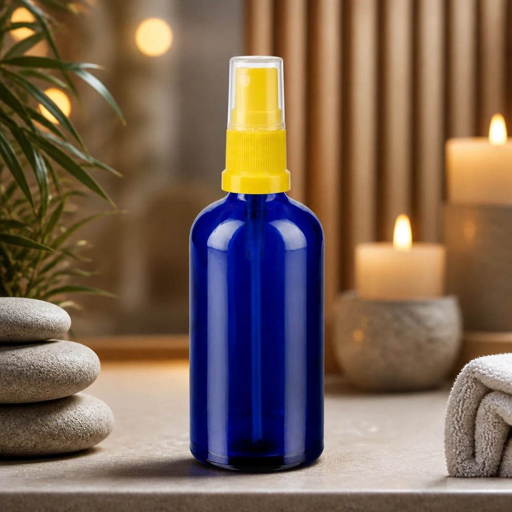 Vaporisateur 100ml jaune/tr. STD BlueLine UT18/100 Bouteille en verre pratique de 100 ml avec pompe de vaporisation idéale pour les cosmétiques DIY et les sprays d'ambiance