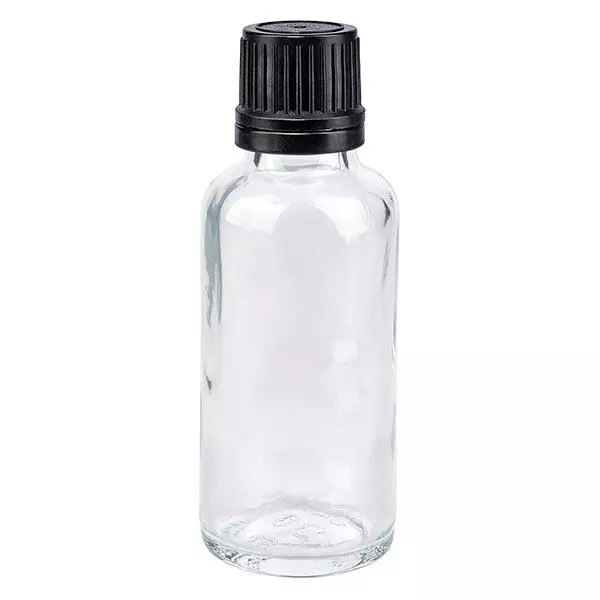 Bouteille de pharmacie claire 30ml bouchon vissable bague de coulée noire bouchon inviolabilité Bouteille de pharmacie claire 30ml bouchon vissable bague de coulée noire bouchon inviolabilité