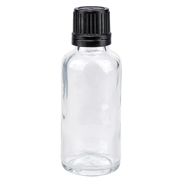 Bouteille de pharmacie claire 30ml bouchon vissable bague de coulée noire bouchon inviolabilité Bouteille de pharmacie claire 30ml bouchon vissable bague de coulée noire bouchon inviolabilité