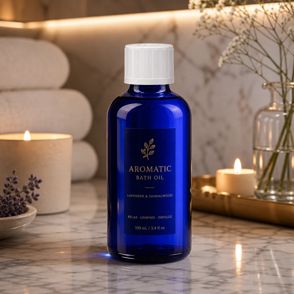 Flacon à pharmacie bleu 50ml bouchon vissable blanc séc. enf. std Petite bouteille en verre bleue de 50 ml avec bouchon de sécurité pour enfants, posée à côté de bougies et de serviettes