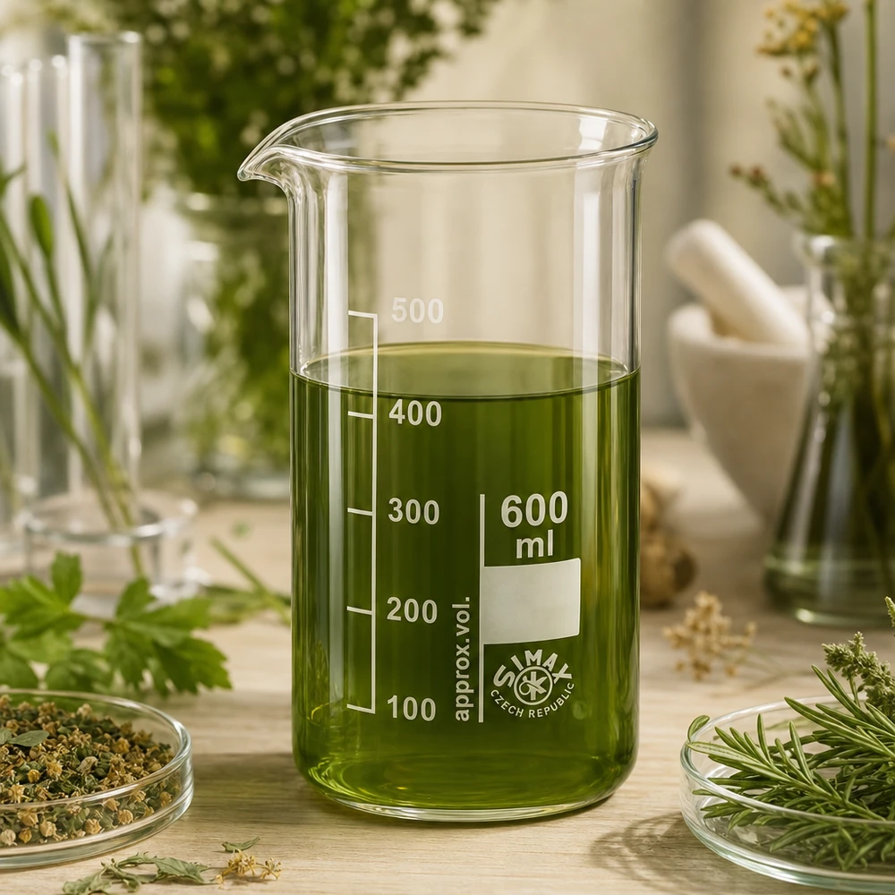 Bécher 600ml en verre borosilicate résistant à la chaleur (forme haute) Bécher en verre de 600 ml, modèle haut, de la marque Simax (République tchèque), rempli d'un extrait végétal vert foncé