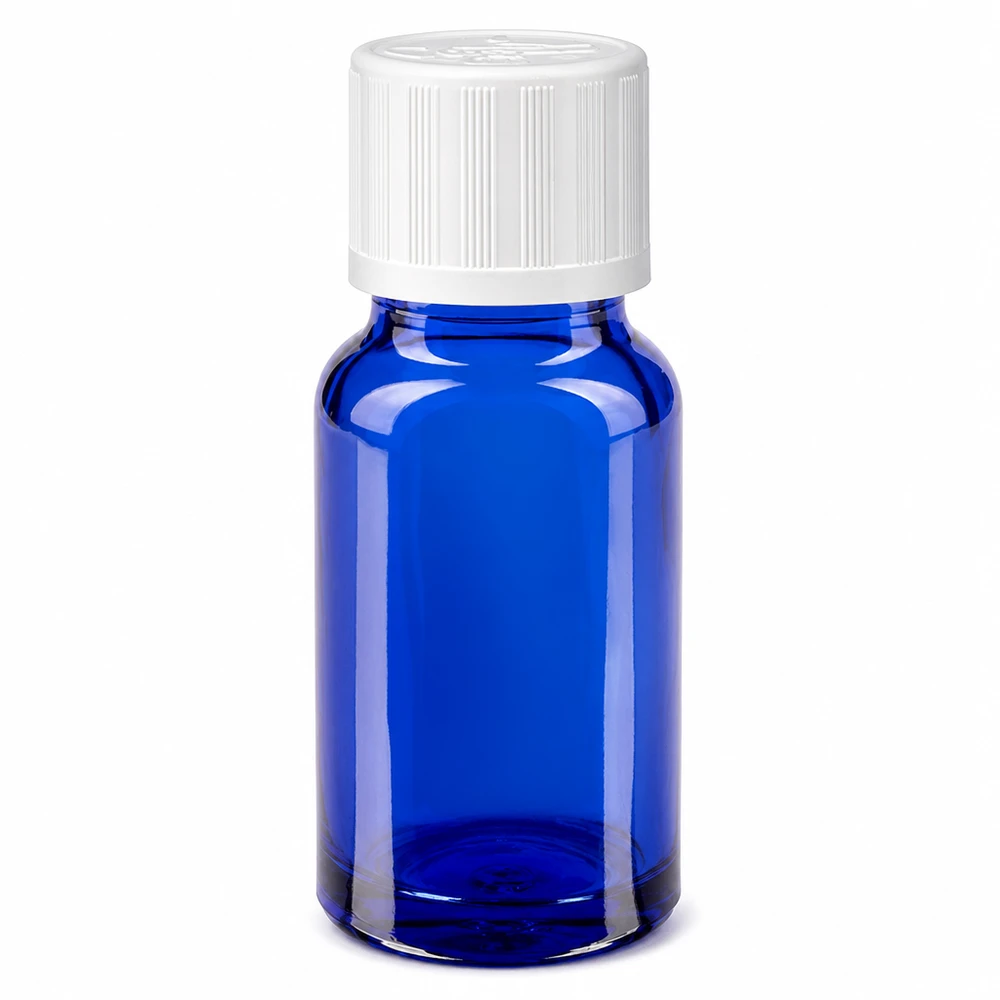Flacon de pharmacie bleu 10 ml avec bouchon vissable blanc avec sécurité enfant standard Flacon en verre bleu de 10 ml avec bouchon à vis blanc et sécurité enfant, destiné aux pharmacies