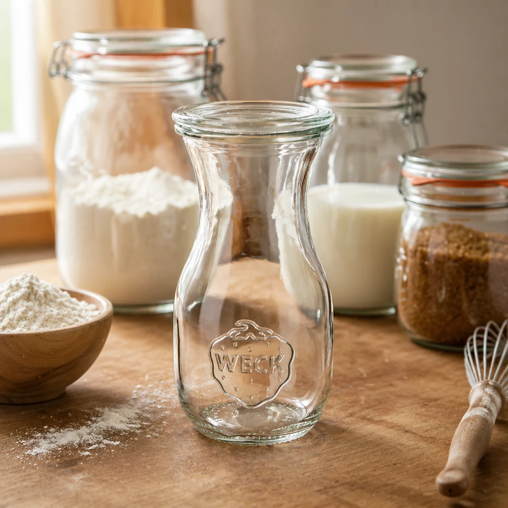 WECK Bouteille de jus 290ml RR60 dans une ambiance de cuisine avec des bocaux de farine et des ustensiles de pâtisserie sur un plan de travail en bois
