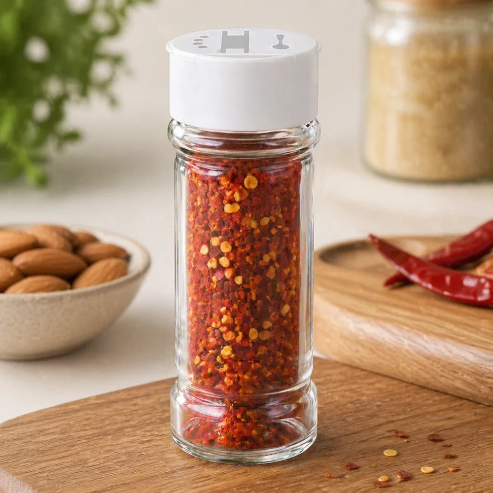 Pot à sel/épices 100 ml avec double saupoudreuse, blanc Salière de 100 ml en verre transparent, remplie de flocons de piment, posée sur une planche en bois avec des piments séchés