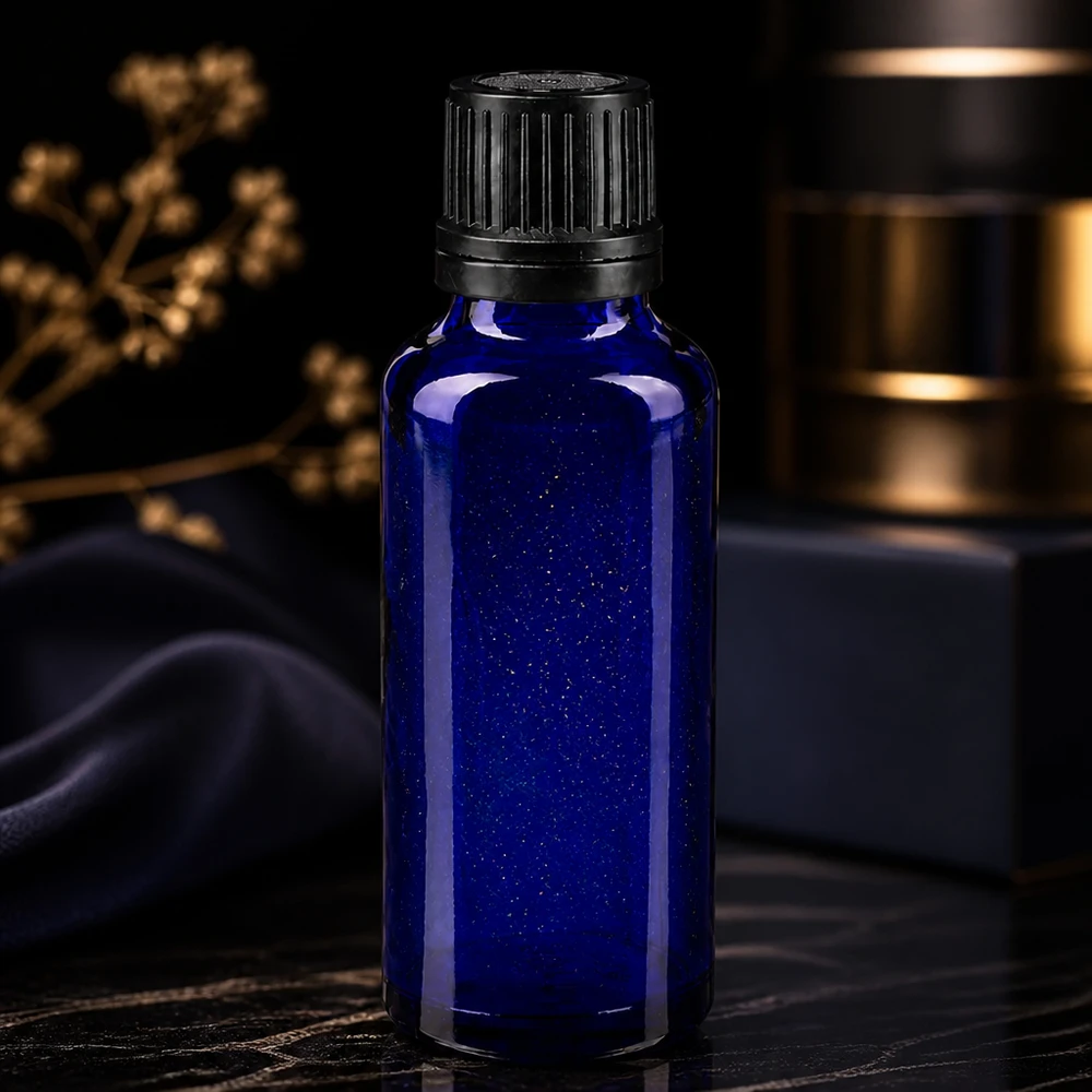 Petit flacon en verre bleu de 30 ml muni d'un bouchon d'origine cannelé et d'un doseur précis