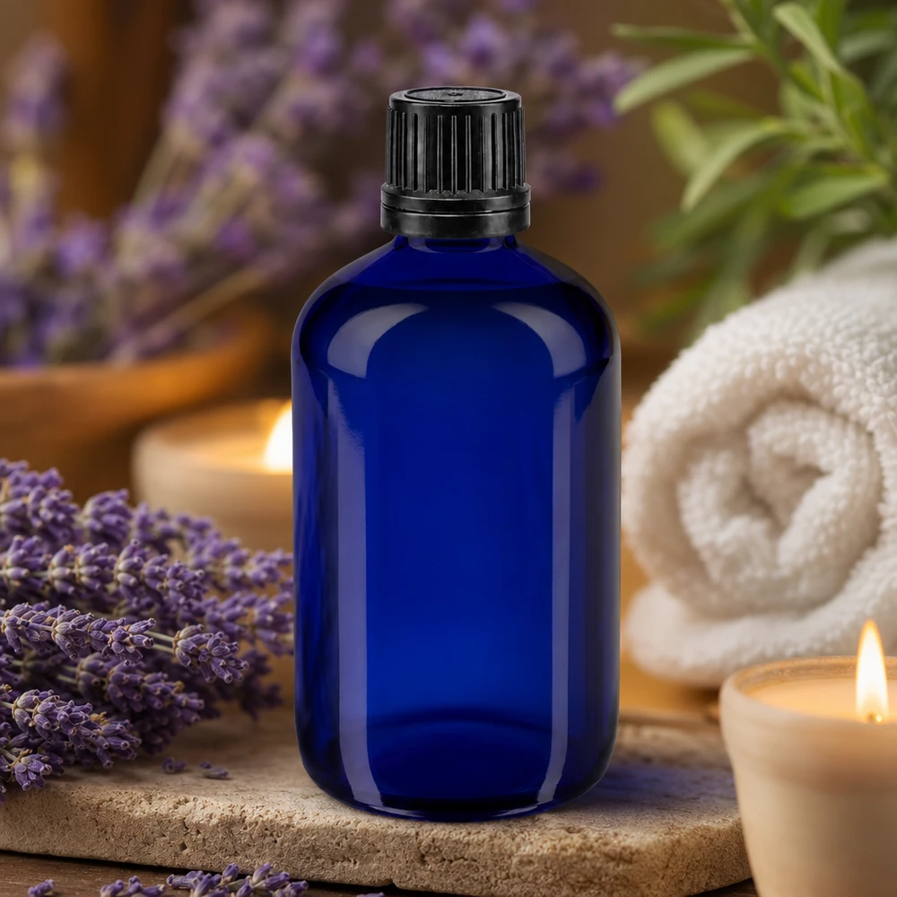 Flacon d'apothicaire bleu cobalt de 100 ml avec bouchon GR OV, à côté de la lavande et de bougies