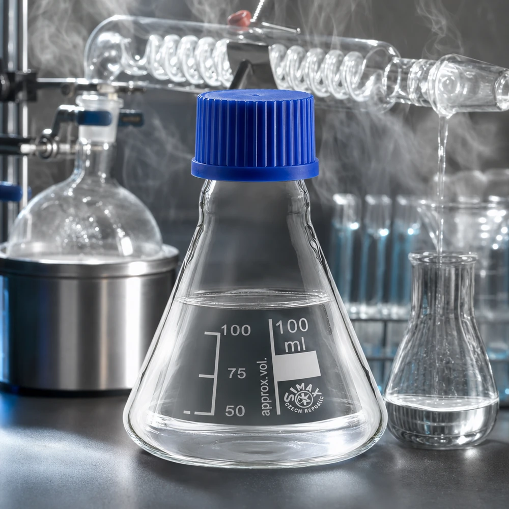 Erlenmeyer 100 ml col étroit, verre borosilicate avec filetage et bouchon Erlenmeyer 100ml avec graduation en millilitres et bouchon bleu refermable