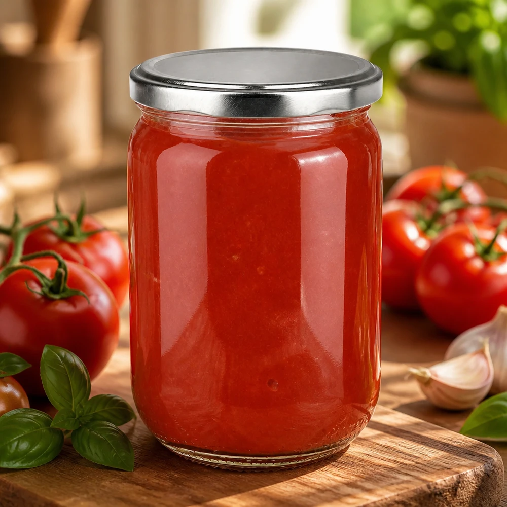 Bocal rond UNiTWIST 555 ml BasicSeal argenté pour conserver de la sauce tomate au basilic et à l'ail