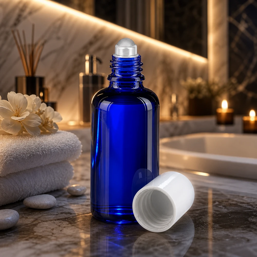 Flacon de pharmacie bleu 50ml Roll-On bouchon blanc Flacon en verre d'apothicaire bleu de 50 ml avec applicateur à bille et bouchon blanc retiré, posé sur du marbre