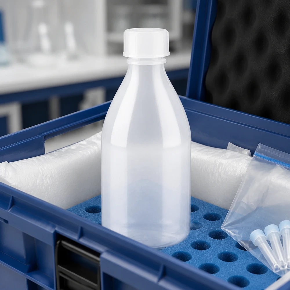 Flacon 100 ml à col étroit, avec bouchon Flacon en plastique à bouchon à vis de 100 ml à col étroit, dans une mallette de transport de laboratoire bleue avec support en mousse