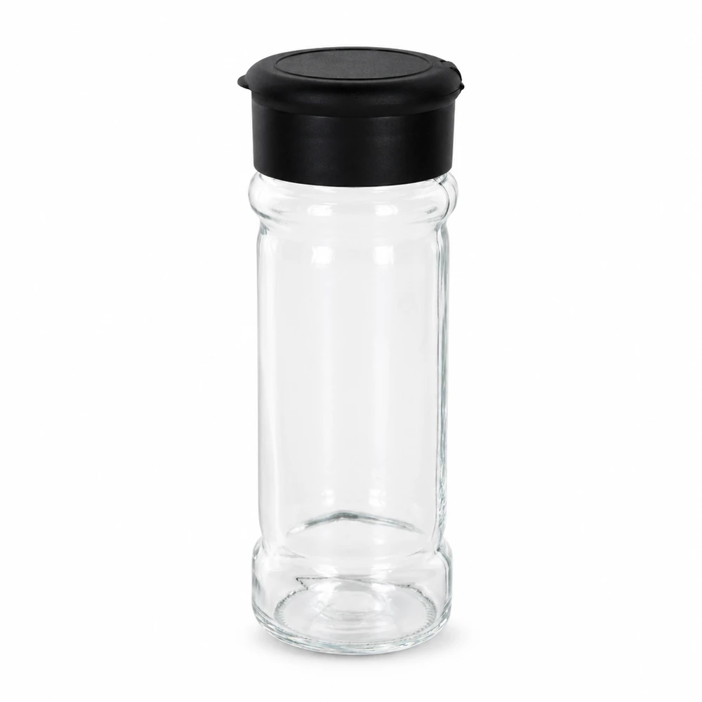 Pot à sel/épices 100 ml avec saupoudreuse, noir Salière cylindrique en verre de 100 ml avec couvercle noir sur fond blanc