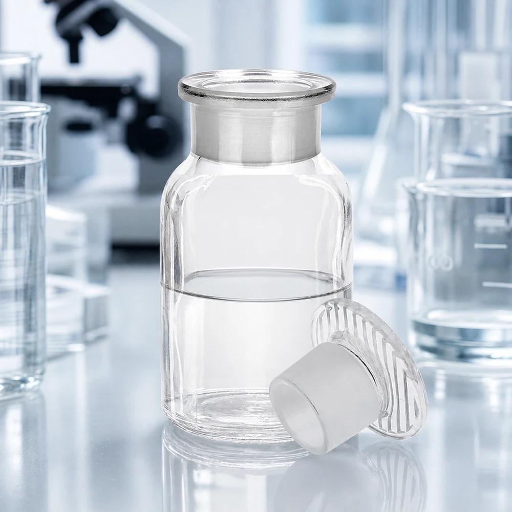 Flacon pharmaceutique 100 ml col large + bouchon verre clair Flacon de réactifs de 100 ml à col large, transparent, avec bouchon en verre taillé, destiné au stockage de produits chimiques