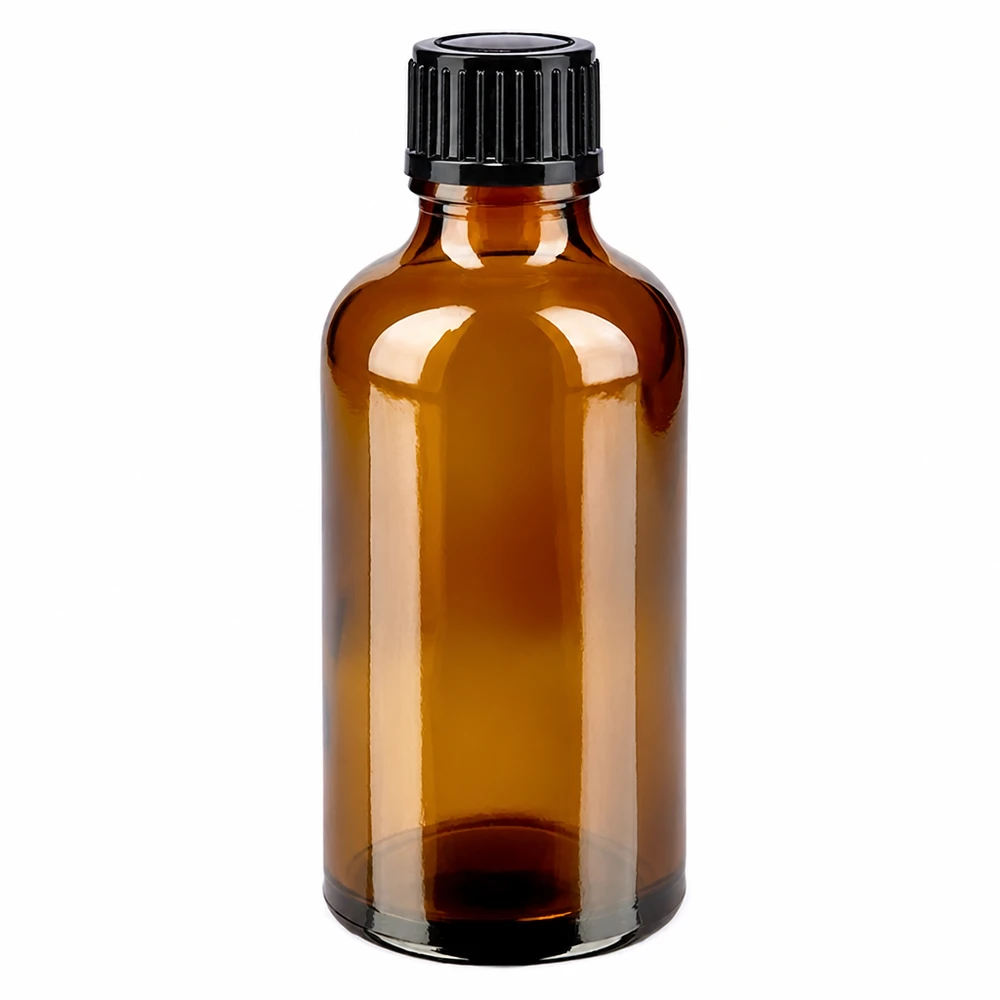 Flacon en verre ambré de 50 ml de type pharmacien, muni d'un bouchon noir SV STD de 11 mm, ApoGlas