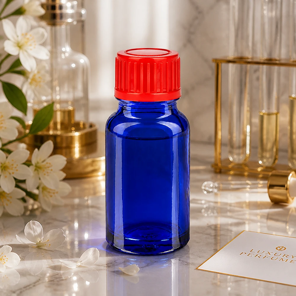 Flacon de 10ml 11mm SV rouge STD BlueLine UT18/10 Élégant flacon en verre de 10 ml bleu cobalt avec bouchon rouge contrastant pour une présentation élégante