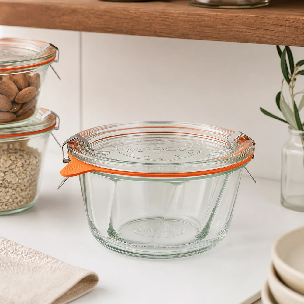 WECK Pot à kouglof 280ml RR100 vide avec anneau en caoutchouc orange et couvercle en verre dans la cuisine moderne entre les bocaux à provisions