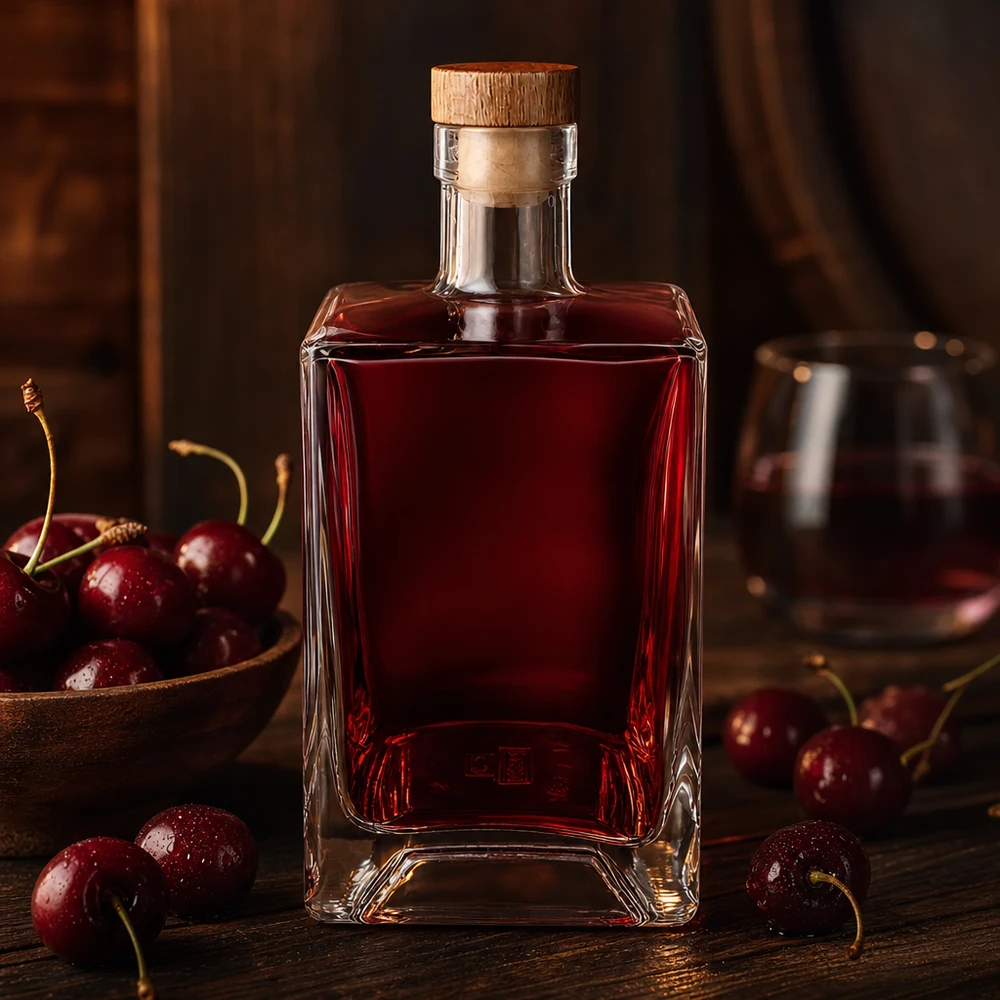 Bouteille en verre 700 ml « Ben » avec bouchon en bois UNiTWIST® Bouteille en verre Ben de 700 ml remplie de liqueur de cerise rouge entre des cerises fraîches Surface en bois rustique Bouchon UNiTWIST