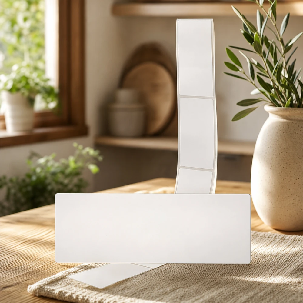 Étiquettes vierges 54x154,5mm présentées dans un environnement naturel avec une plante et une lumière du jour chaude