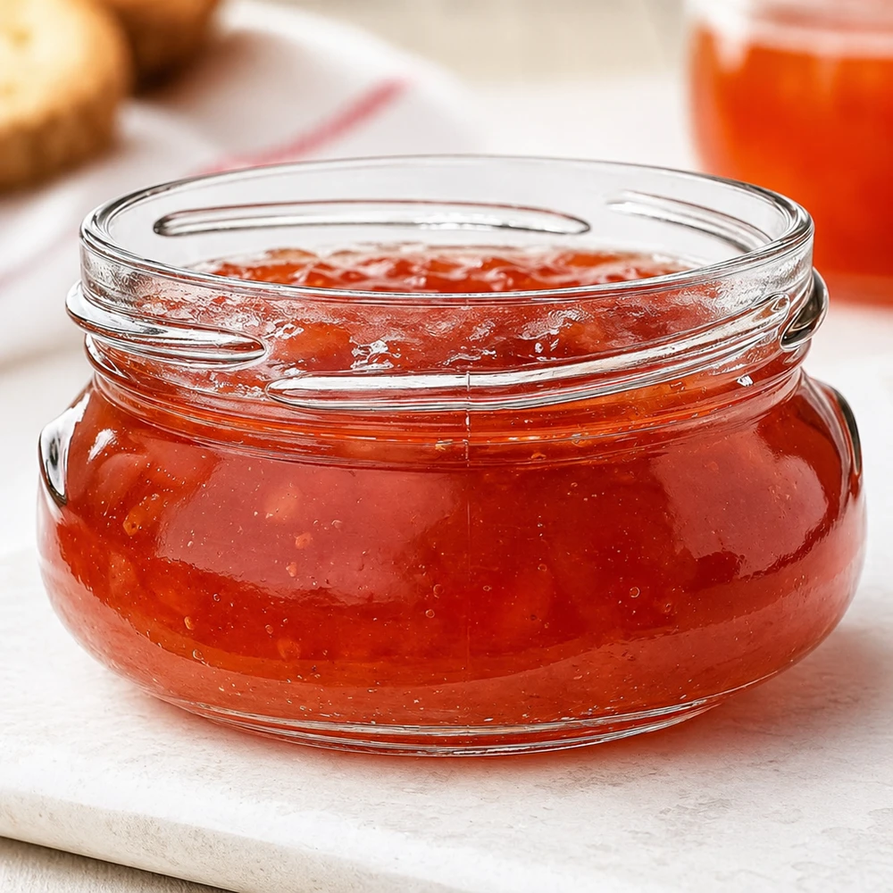 UNiTWIST Terrina120 Pot à terrine 120ml TO70 rempli de confiture rouge sur planche en bois blanc