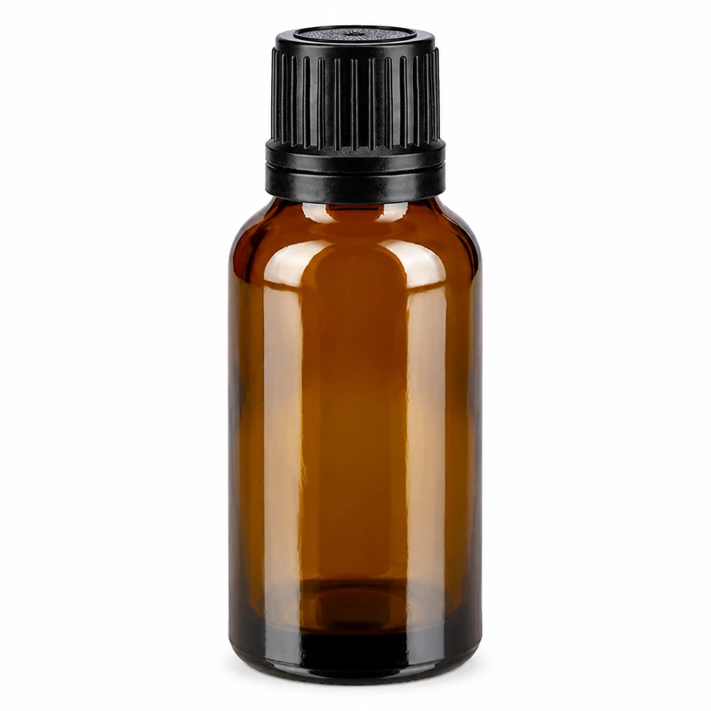 Flacon à usage pharmaceutique bleu 20ml bouchon d'inviolabilité noir 1mm Flacon compte-gouttes en verre brun de 20 ml avec bouchon OV noir et embout compte-gouttes de 1 mm