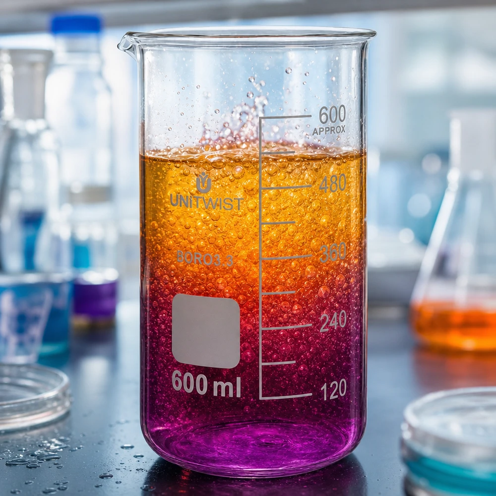 Bécher haut de 600 ml en verre borosilicaté UNITWIST avec zone d'étiquetage blanche sur laquelle on peut écrire