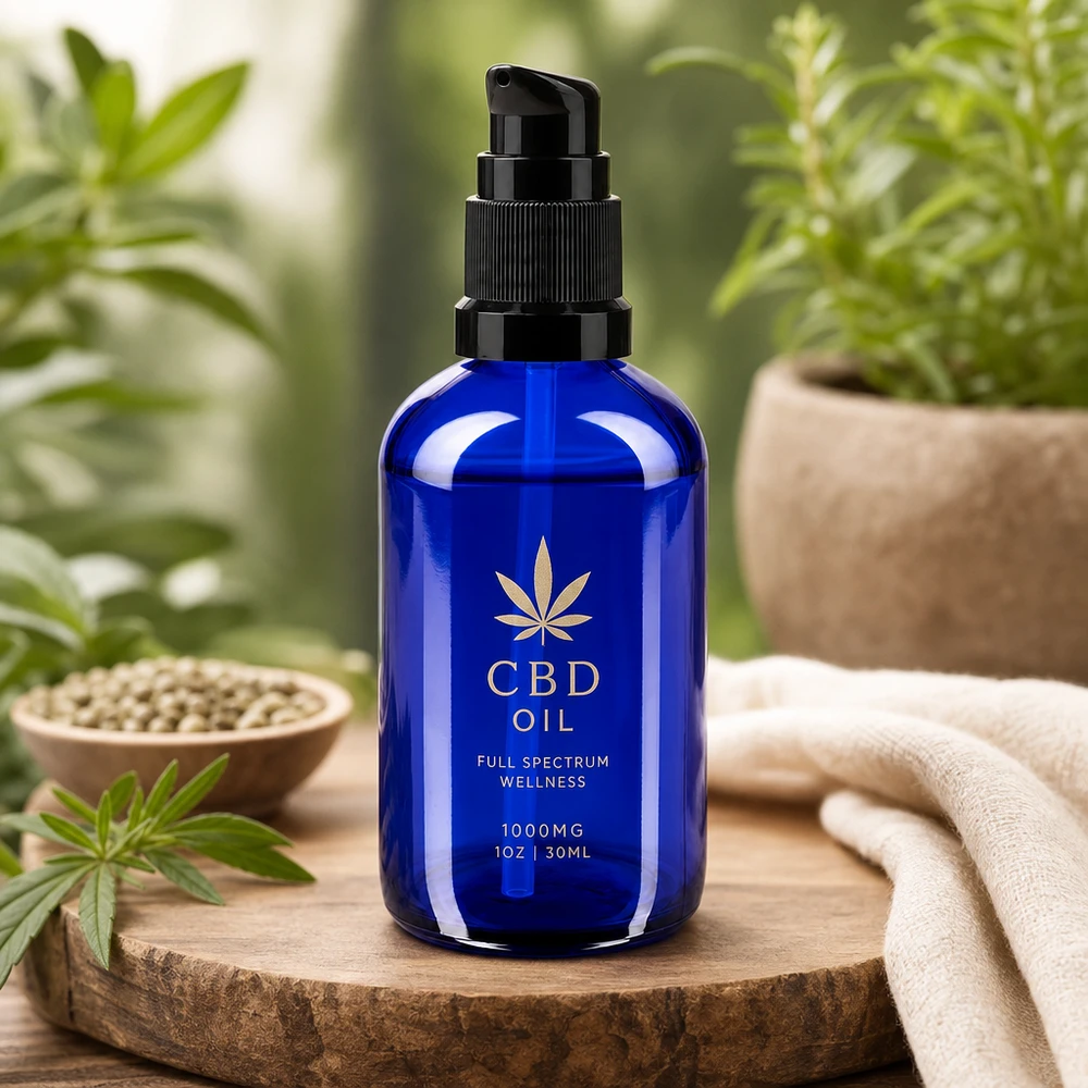 Flacon pompe de pharmacie bleu de 100 ml avec bouchon doseur noir, dans un décor naturel à base de plantes