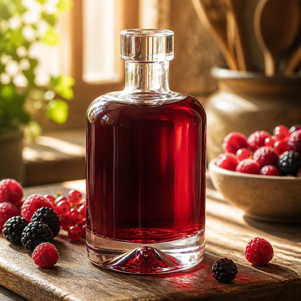 Flacon en verre 50 ml « 50ml Glasflasche "Amelie" ohne Verschluss UNiTWIST » sans bouchon UNiTWIST® Bouteille en verre de 50 ml Amelie remplie de liqueur de baies rouges entourée de framboises et de mûres fraîches montre des spiritueux nobles